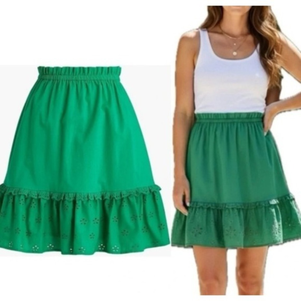 J.Crew Women's 3X Emerald Green Cotton Eyelet‎ Tiered Ruffle Skirt NEW